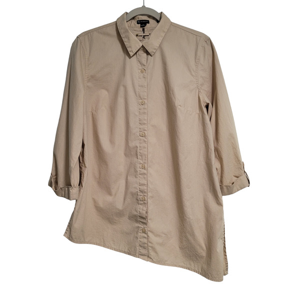 New Directions Tan 3/4 Sleeve Asymmetrical Tunic Collar Button Up Laced Medium - Picture 1 of 6